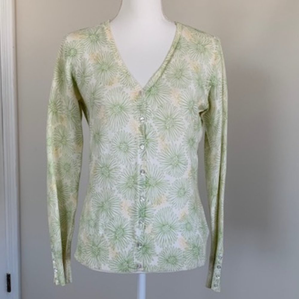 Eddie Bauer White/Green Floral Cardigan